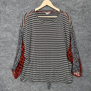 John Mark Sz XL Top Blouse Pullover Black Stripe Mixed Print Casual Lightweight